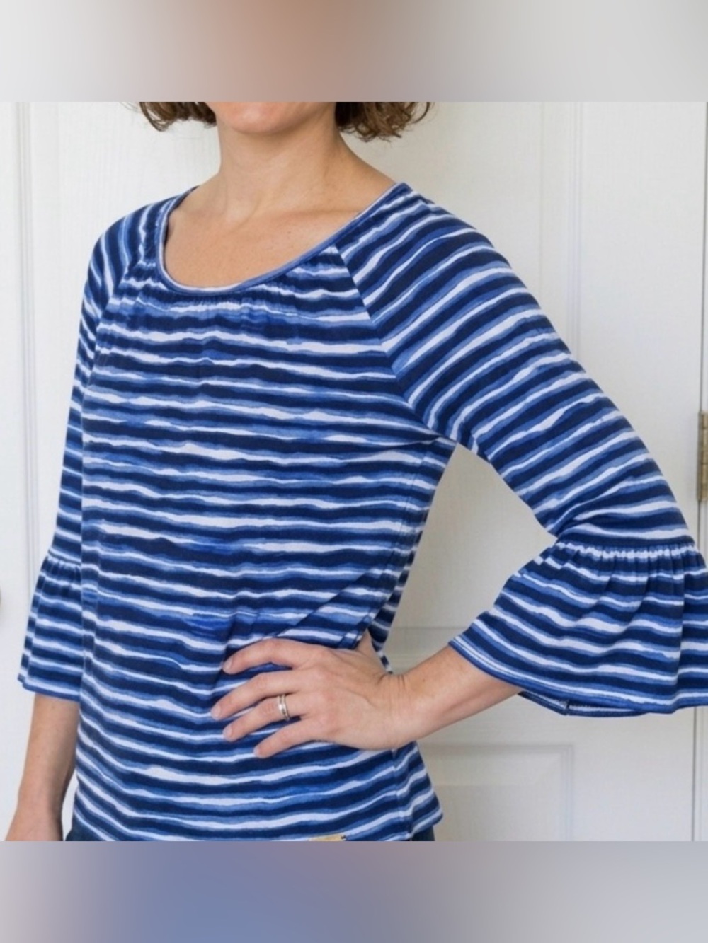 Michael Kors Navy and White Striped Bell-Sleeve Top Size Medium